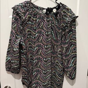 LOFT Black Floral Ruffle-Neck Peasant Blouse